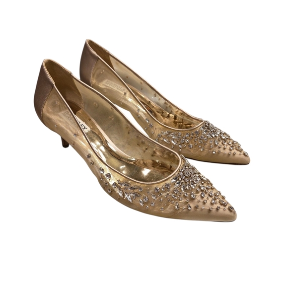 Badgley Mischka Onyx Crystal Studded Embellished Kitten Heel Pump Women 9 Gold - Picture 3 of 11